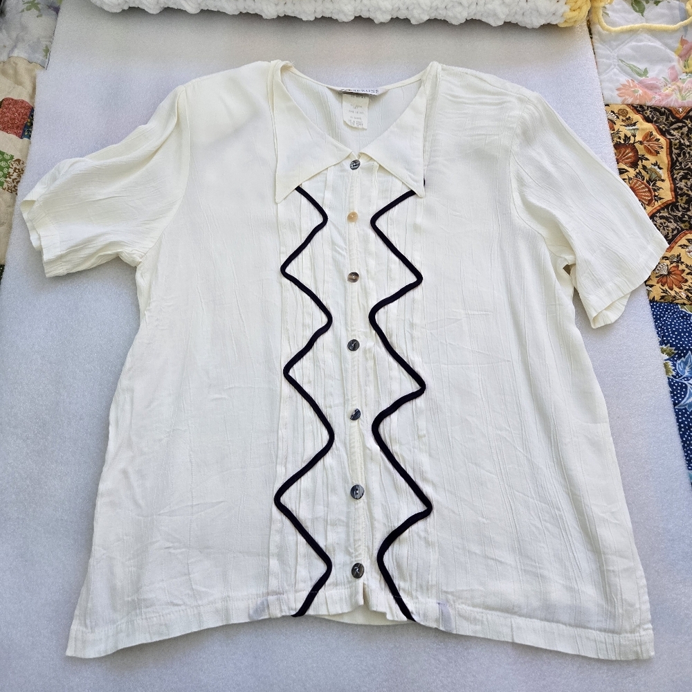 Melrose Size 10 Blouse, White With Blue Zigzag Trim, Rayon/Acetate